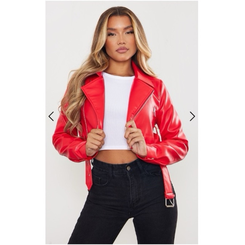 NTW PrettyLittleThing -- Red Faux Leather Cropped Biker Jacket